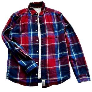 Abercrombie Kids Sherpa Lined Flannel Plaid Shacket Boys 15/16 Unisex Red Blue